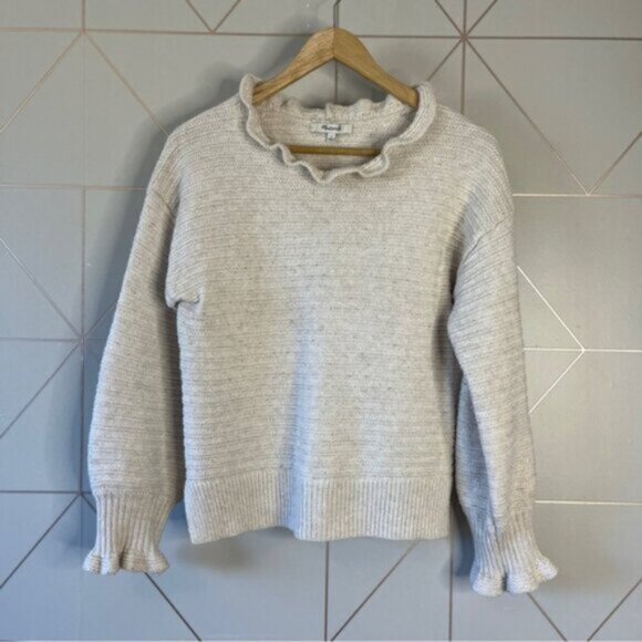 Madewell Ruffle-Neck Pullover Sweater Cotton-Merino Yarn Heather Oak - Picture 2 of 6